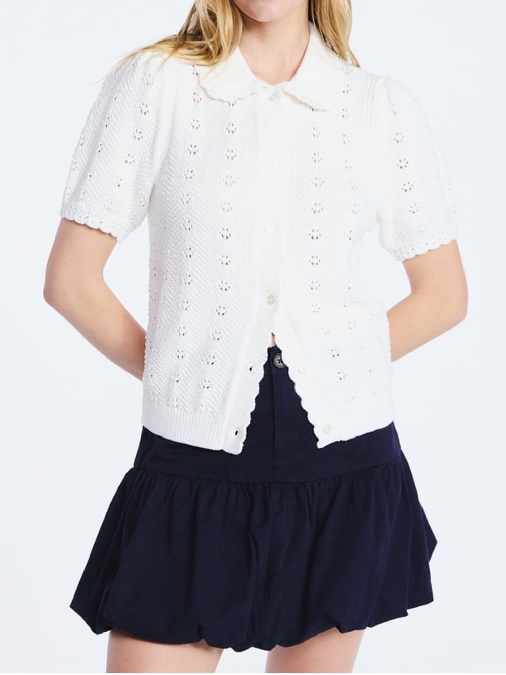 Free Assembly 100% Cotton Pointelle Peterpan Collar White Knit Cardigan NEW